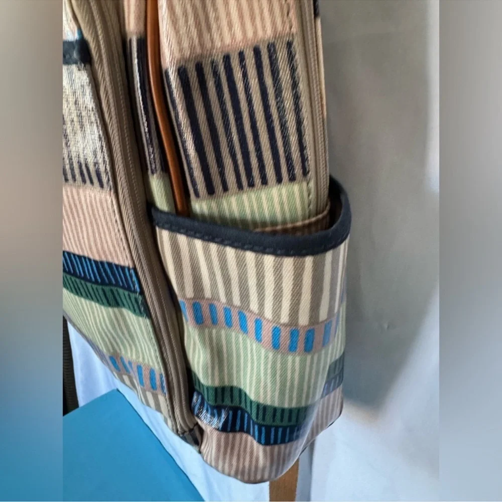 Fossil Elina Striped Coated Canvas Backpack, with Leather Trim Retail $275